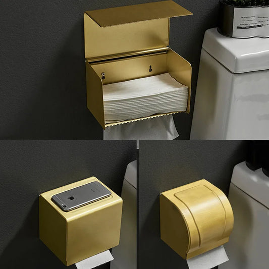 DecorBites™ Aluminum Brushed Gold Toilet Paper Holder Rack Tissue Box - Bathroom Roll Storage