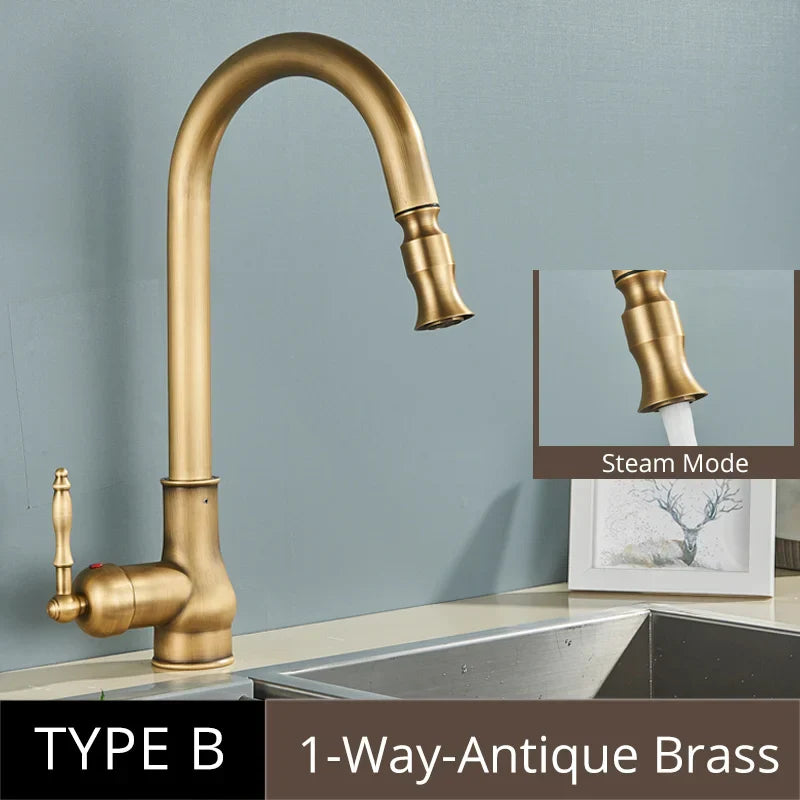 صنبور مطبخ من النحاس العتيق DecorBites™، صنبور خلاط بمقبض واحد قابل للسحب، يدور 360 درجة