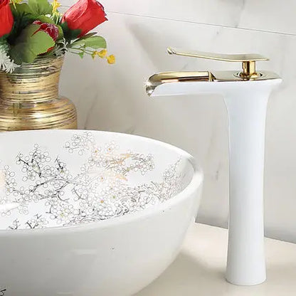 DecorBites™ Gold Waterfall Bathroom Basin Faucet, White Mixer Tap Hot Cold Sink Plugin