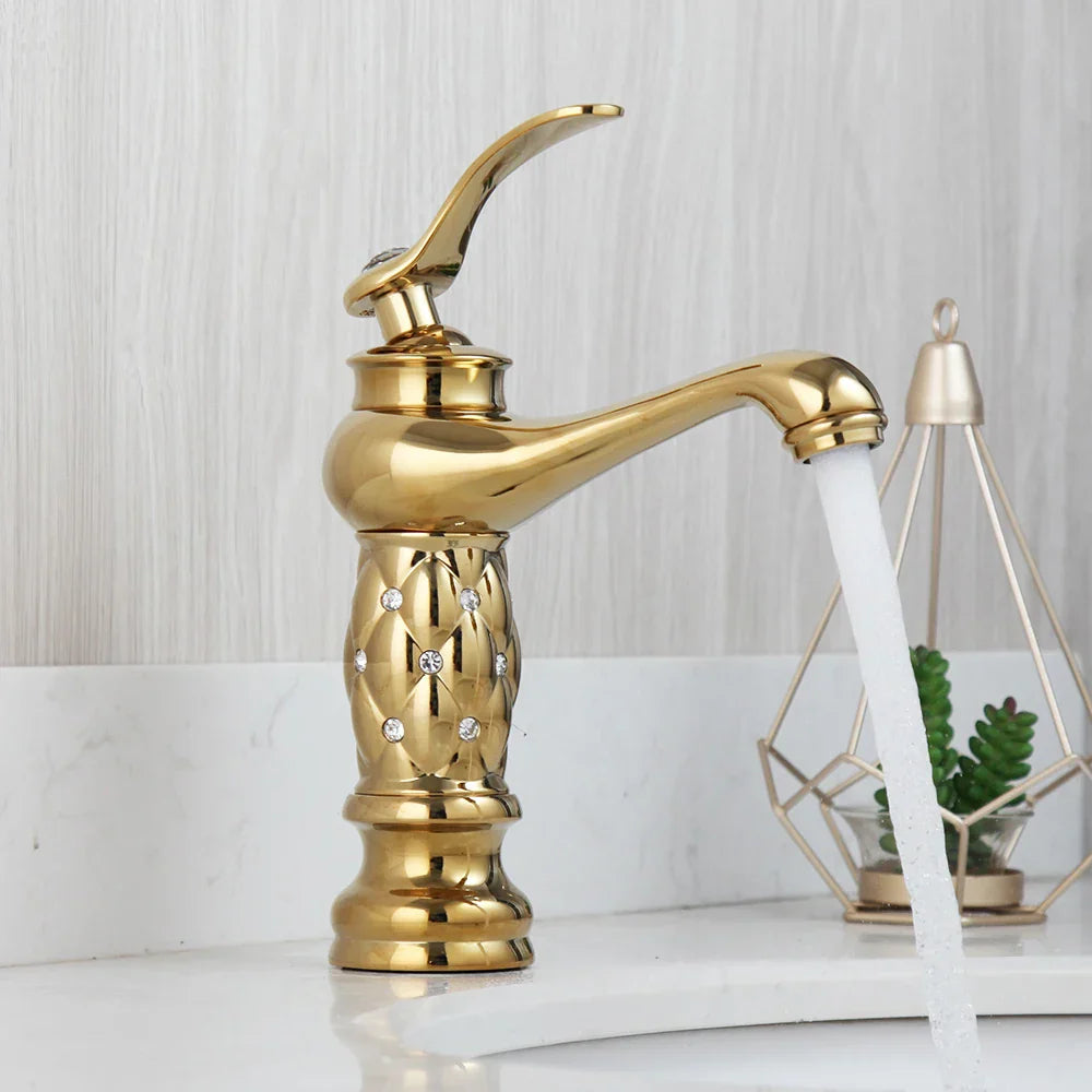 DecorBites™ Golden Plated Bathroom Basin Faucet High Short Style Single Handle Sink Mixer Tap