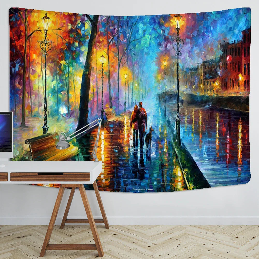 Decobites Night View Van Gogh Oil Painting Tapestry - Romantic Love Couple Wall Hanging