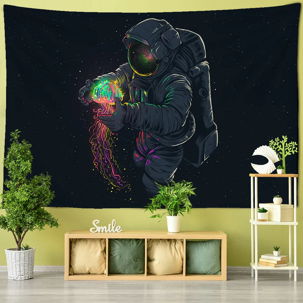 DecorBites™ Jellyfish Interstellar Sky Tapestry Wall Hanging: Astronaut Design for Boho Dorm Decor
