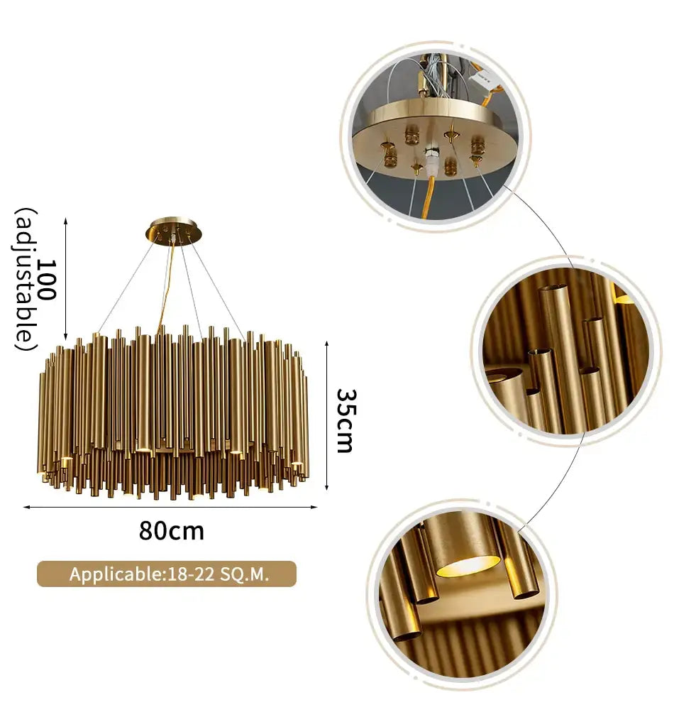 Brass-toned cylindrical chandelier with adjustable hanging length and modern geometric design for luxury modern round gold living room lighting.