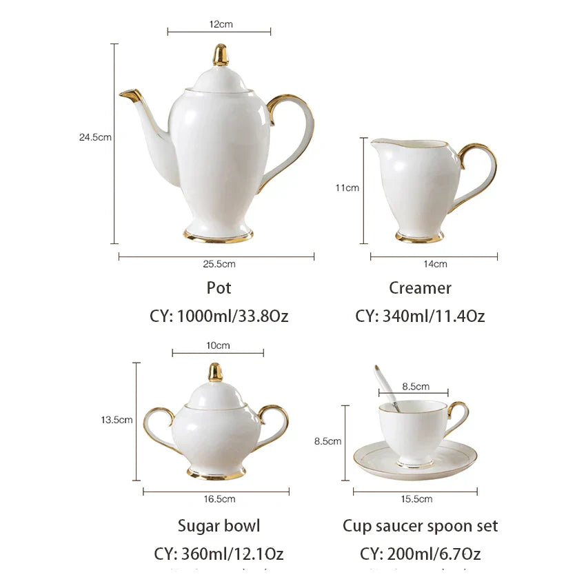 Juego de café DecorBites™ de porcelana fina, juego de té de porcelana blanca y oro, tetera de diseño avanzado