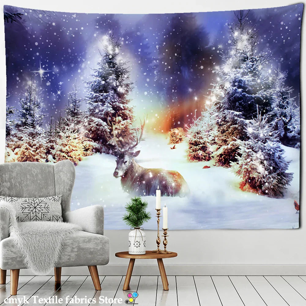 Decobites Christmas Tree Snowman Tapestry - Natural Snow Scene Oil Painting Hippie Decor