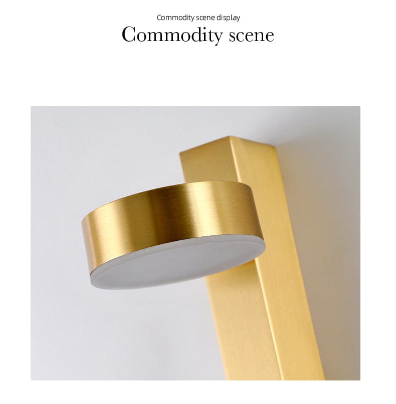 Modern gold finished minimalist led wall lamps with a sleek rectangular base and circular rotating light fixture ideal for bedroom use.