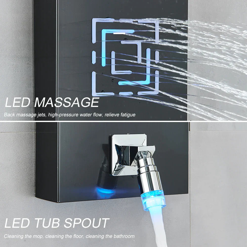 Sistema de grifería para ducha con luz LED DecorBites™: chorros de lluvia, chorros de masaje, panel de cascada con control de temperatura
