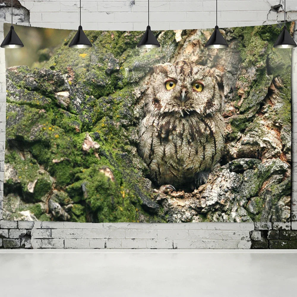 Decobites Owl On Tree 3D Tapestry - Abstract Mysterious Psychedelic Aesthetic Room Decor