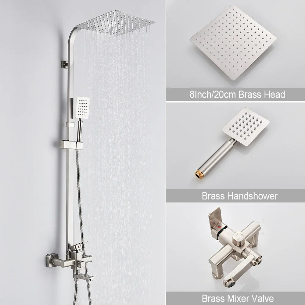 Mezclador de ducha DecorBites™ en oro cepillado con caño giratorio para bañera y rociador tipo lluvia de 8".