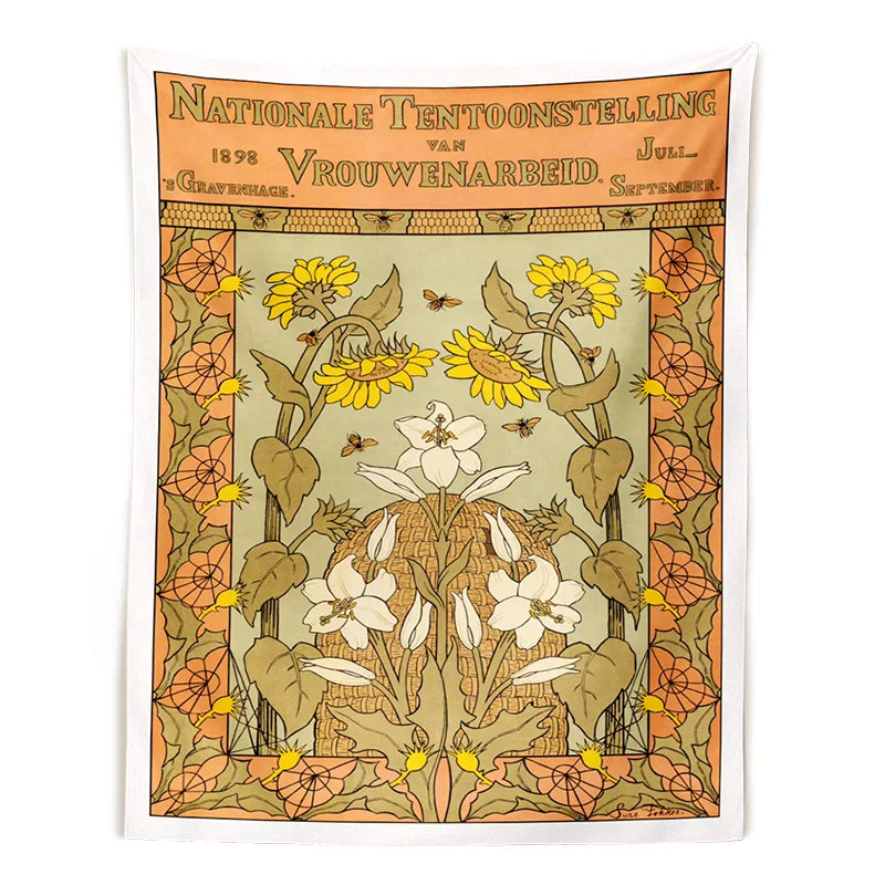 Decobites Vintage Flower Bee Print Botanical Tapestry Wall Hanging Reference Chart Art