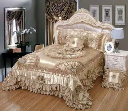 Decobites Jacquard Rose Lace Bedding Set, Luxurious European Style, Red & Champagne