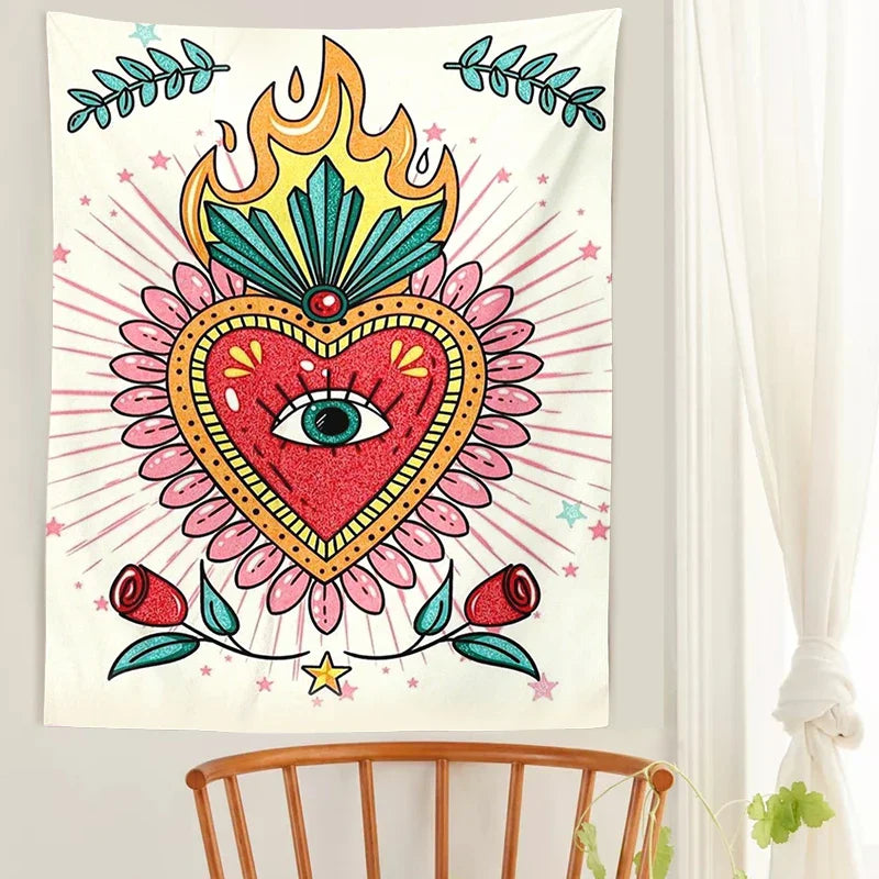 Psychedelic Floral Heart Tapestry Vintage Wall Blanket Boho Decor for Decobites