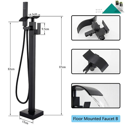 DecorBites™ Matte Black Waterfall Bathtub Shower Faucet, Floor Standing Hot Cold Mixer Tap