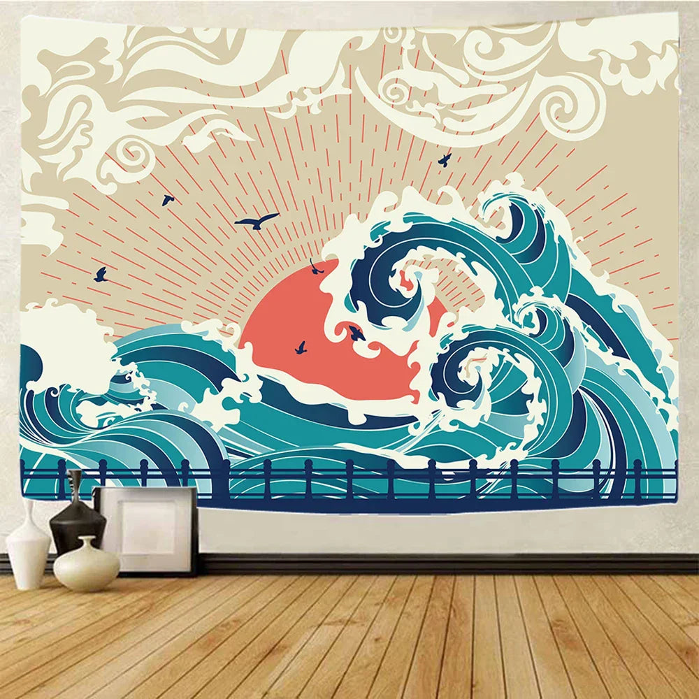 Decobites Sea Sunrise Japanese Home Art Tapestry Hippie Bohemian Wall Bed Sofa Blanket