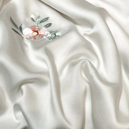 Decobites White Flower Embroidery Lyocell Bedding Set, Queen/King Duvet, Sheet, Pillowcases