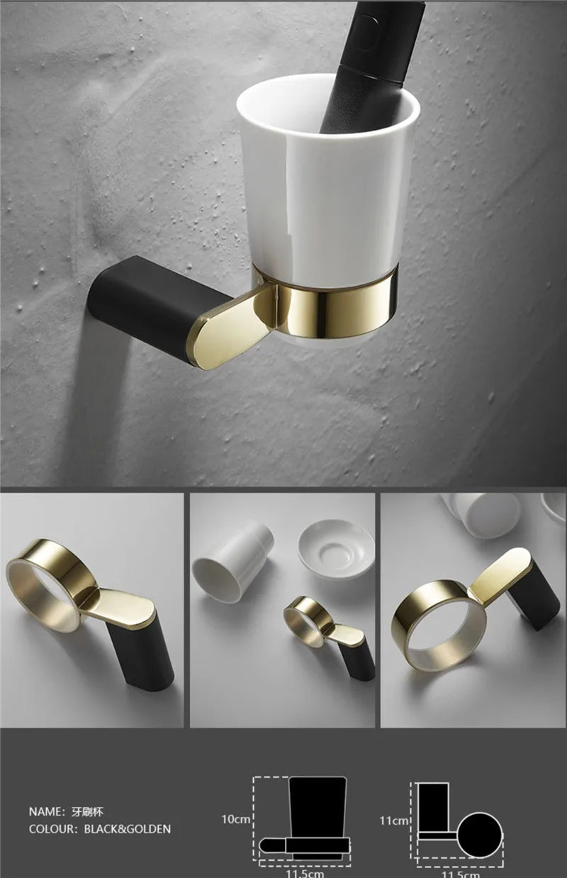 Conjunto de Baño Decorbites™ Oro y Negro - Estante, Perchero para Toallas, Soportes, Soporte para Cepillo y Más