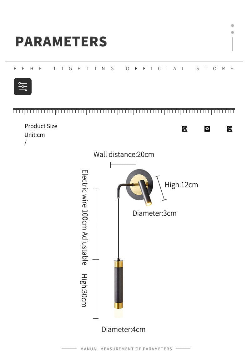 A sleek modern minimalist creative luxury black and gold wall-mounted bedside lamp with an adjustable electric wire for height ideal for luxury bedroom bedside use.