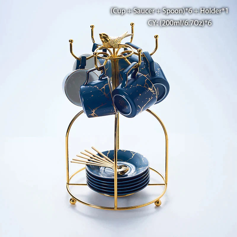 Juego de té DecorBites™ de cerámica de mármol de 200 ml con cuchara y platillo