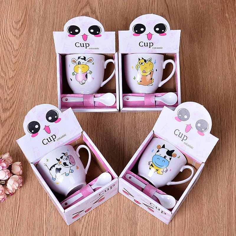 DecorBites™ Cartoon Coffee Mug Set with Spoon, Porcelain Breakfast Cup, Couples Lover's Gifts