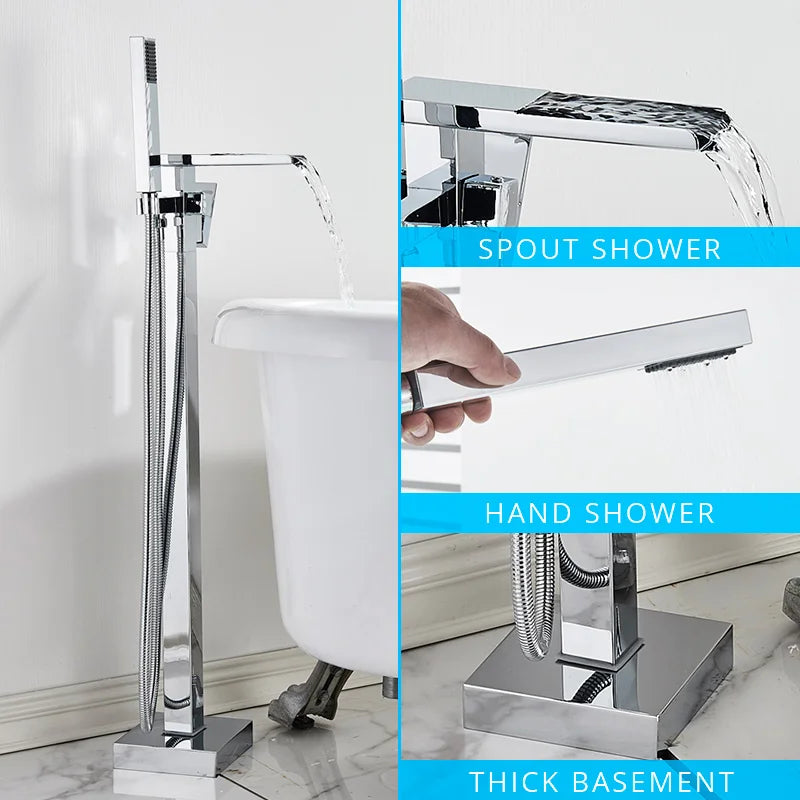 Juego de Grifos para Bañera de Oro Decorbites™ Mezclador de Ducha de Agua Caliente y Fría Grifo de Cascada Soporte de Suelo