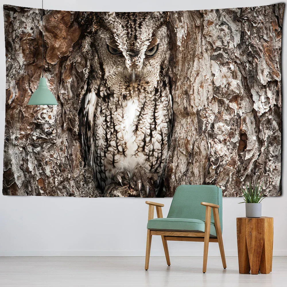 Decobites Owl On Tree 3D Tapestry - Abstract Mysterious Psychedelic Aesthetic Room Decor