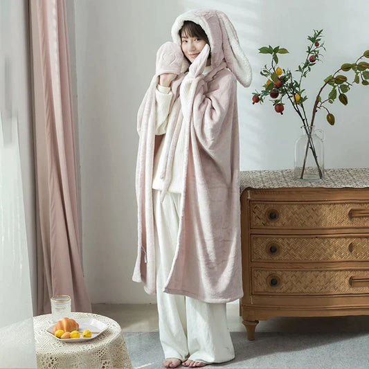 DecorBites™ Kawaii Rabbit Hooded Blanket: Coral Velvet Warm Throw Blanket for Adults and Kids