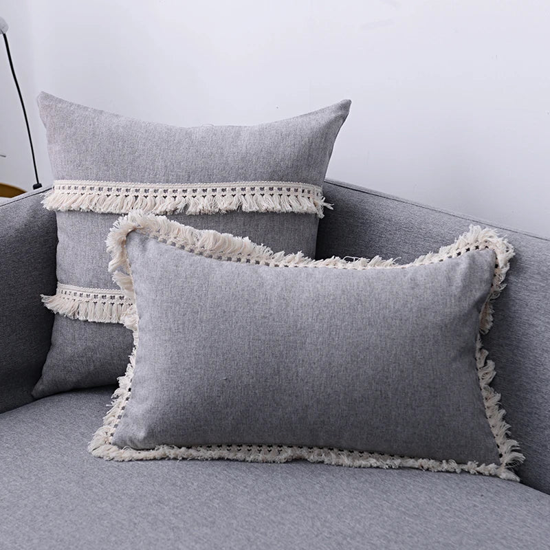 DecorBites™ Boho Style Tassel Pillow Cover Set for Sofa Bed, Beige Grey Blue Yellow