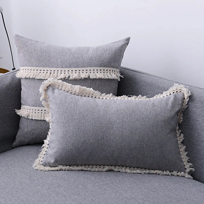 DecorBites™ Boho Style Tassel Pillow Cover Set for Sofa Bed, Beige Grey Blue Yellow