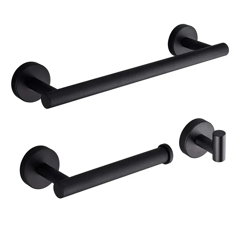 مجموعة حمام DecorBites™ المصنوعة من الفولاذ المقاوم للصدأ باللون الأسود: خطاف رداء، سكة مناشف، رف، حامل مناديل