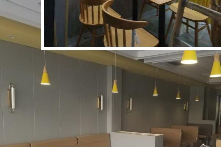 yellow conical pendant lights with wooden fixtures hanging from the ceiling complementing a modern minimalist gold led wall lamp bedroom cylindrical sconce.