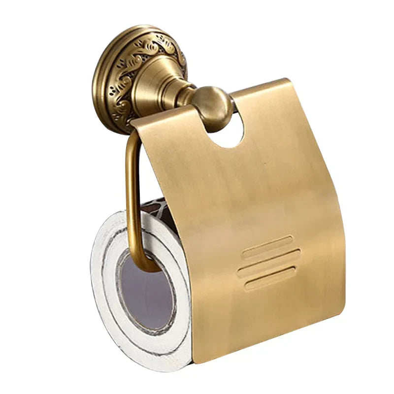 DecorBites™ Brass Bathroom Accessories Set: Robe Hook, Paper Holder, Towel Bar, Soap Basket