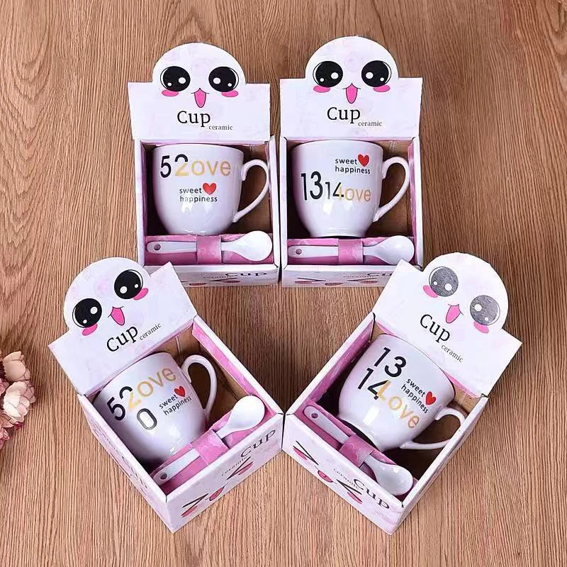 DecorBites™ Cartoon Coffee Mug Set with Spoon, Porcelain Breakfast Cup, Couples Lover's Gifts