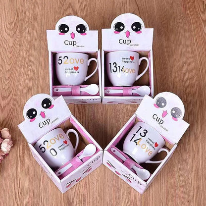 DecorBites™ Cartoon Coffee Mug Set with Spoon, Porcelain Breakfast Cup, Couples Lover's Gifts
