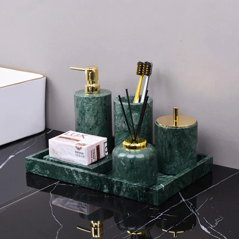 DecorBites™ Dark Green Marble Bathroom Set - Nordic Light Luxury Tray Toothbrush Holder Soap Dispenser Kit