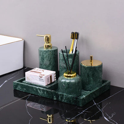 DecorBites™ Dark Green Marble Bathroom Set - Nordic Light Luxury Tray Toothbrush Holder Soap Dispenser Kit
