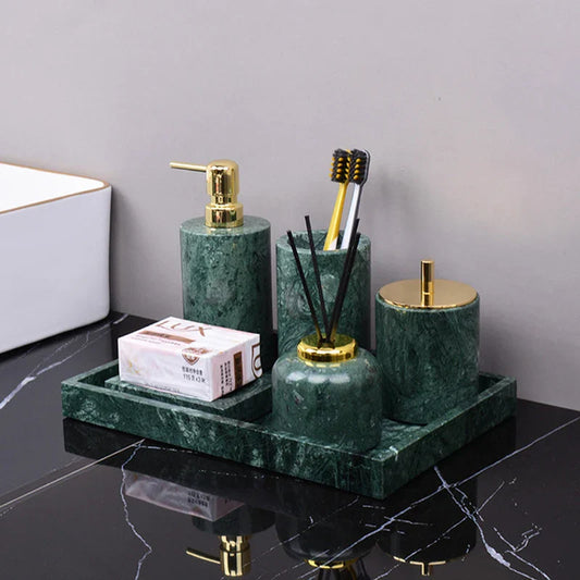 DecorBites™ Dark Green Marble Bathroom Set - Nordic Light Luxury Tray Toothbrush Holder Soap Dispenser Kit