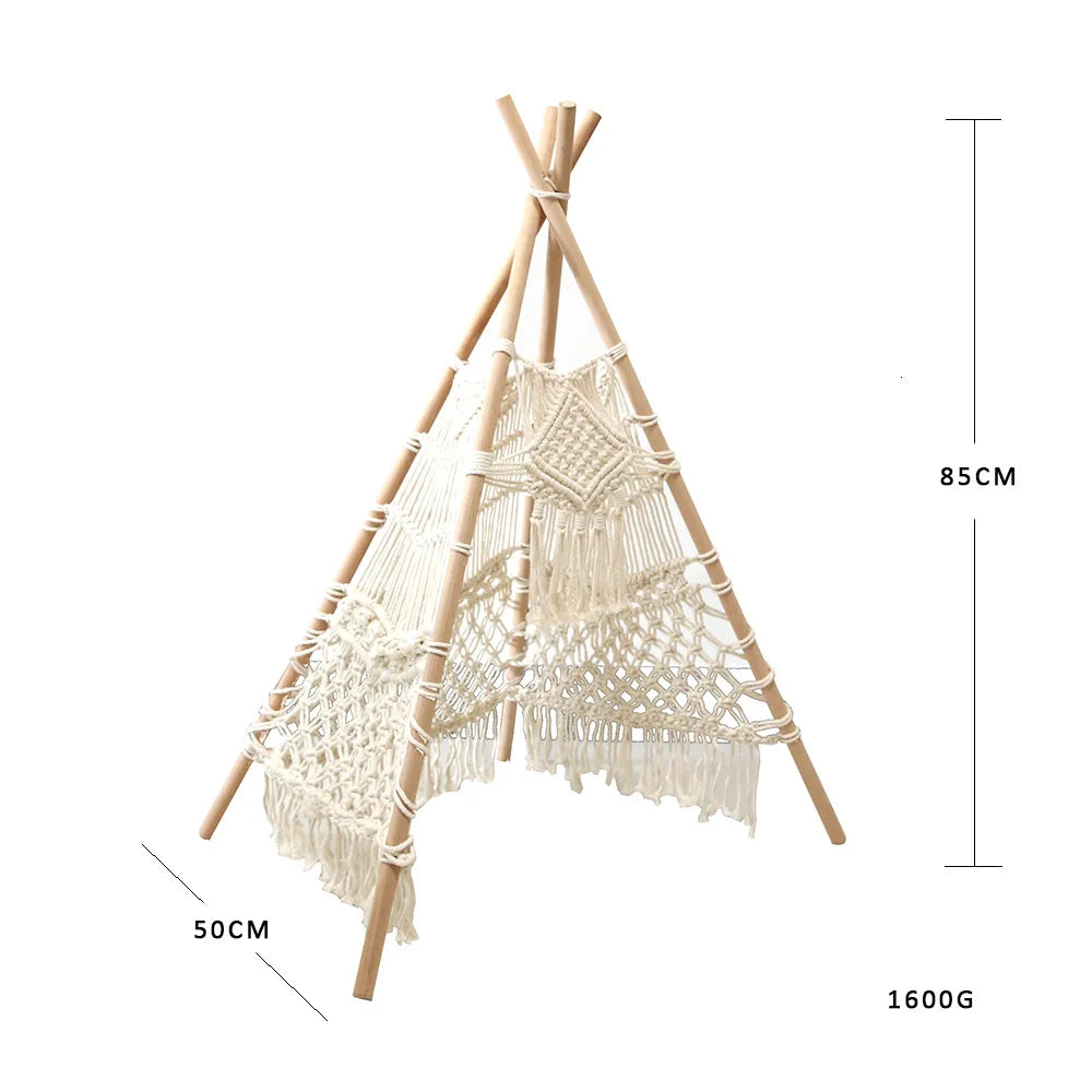 Decobites Macrame Kids Tent with Wooden Stick Holder for Boho Decor