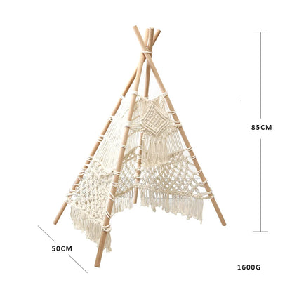 Decobites Macrame Kids Tent with Wooden Stick Holder for Boho Decor