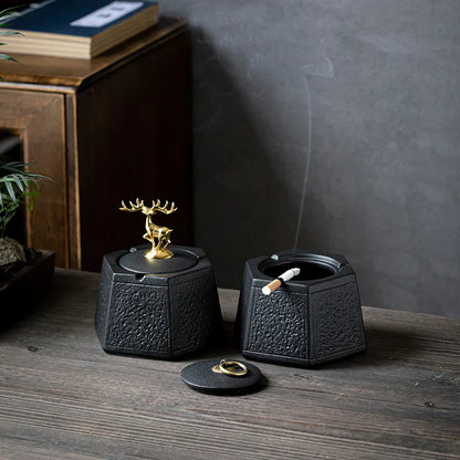 DecorBites™ Black Pottery Ashtray with Cover: Stylish, Large Capacity Ceramic Ashtray