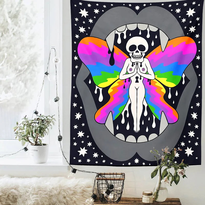 Decobites Psychedelic Floral Skull Tapestry Wall Hanging Rug for Bedroom and Living Room