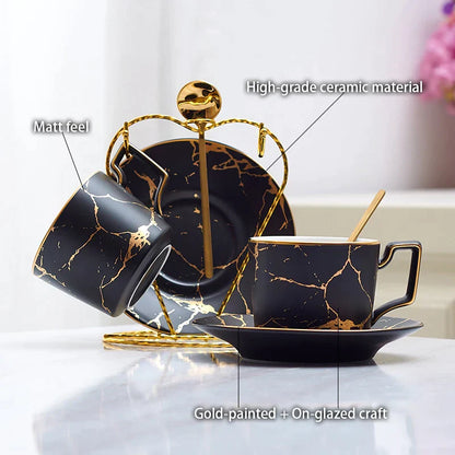 Juego de té DecorBites™ de cerámica de mármol de 200 ml con cuchara y platillo