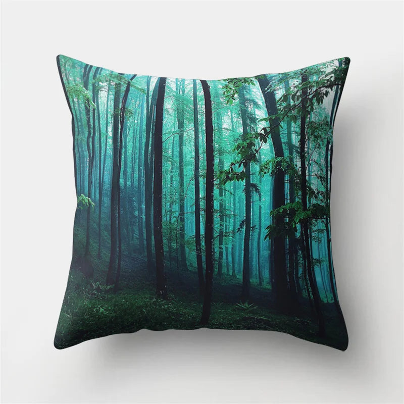 Funda de almohada DecorBites™ con hojas tropicales verdes y diseño de bosque - Decoración natural de olas del océano y montañas