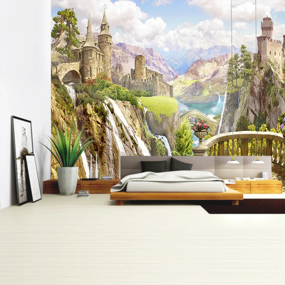 Tapiz DecorBites™ con paisaje de plantas verdes | Tapiz bohemio para pared en City Castle Hill