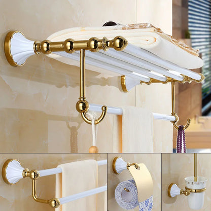 DecorBites™ Gold & White Bathroom Accessories Set: Corner Shelf, Paper Holder, Towel Holder, Toilet Brush Holder, Towel Rack