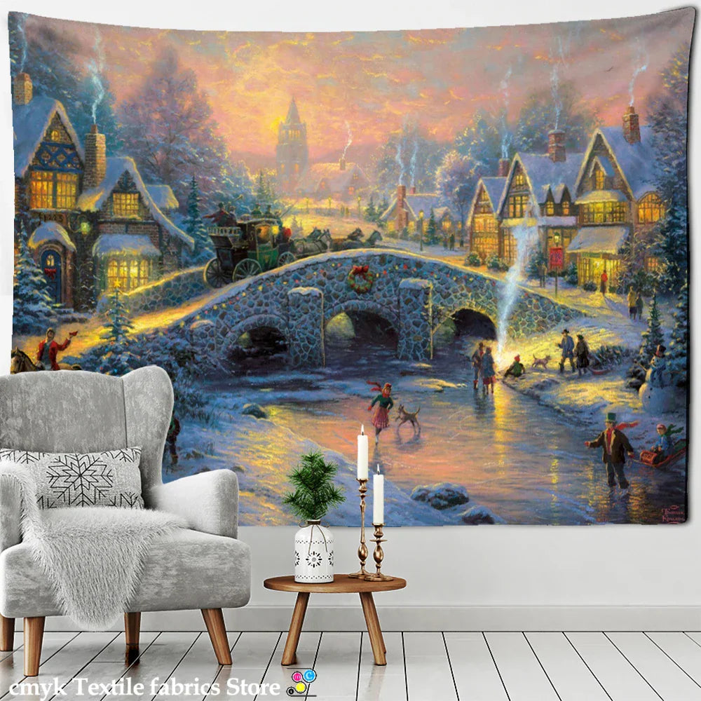 Snow Scene Oil Painting Tapestry Wall Hanging for Home Decor by Decobites