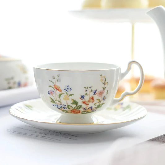 DecorBites™ Bone China Tea Cup Set, Flowers Teacup & Snack Dish for Office Drinkware