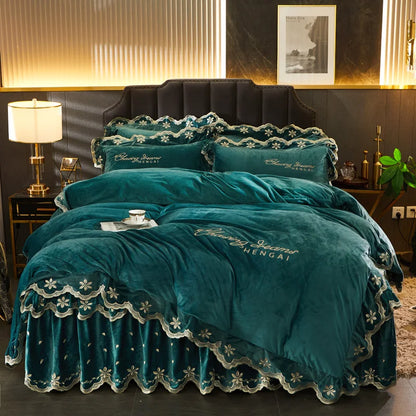 Decobites Velvet Bedding Set with Gold Embroidery & Ruffles