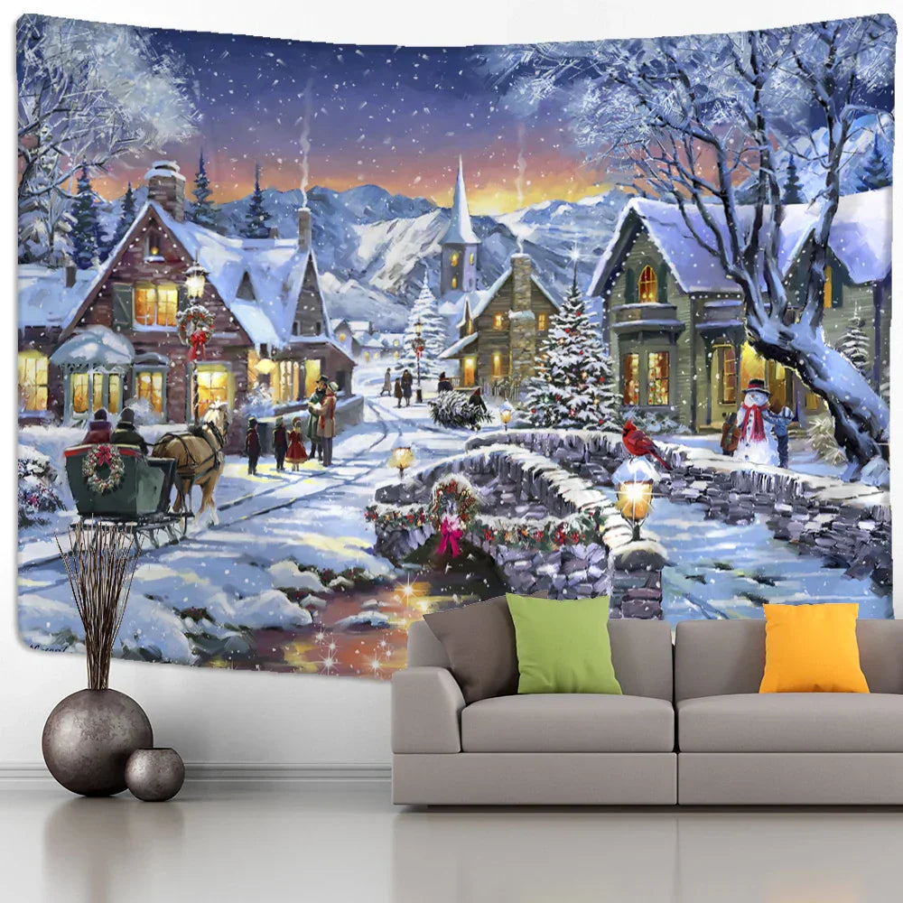 Decobites Christmas Tree Snowman Tapestry - Natural Snow Scene Oil Painting Hippie Decor