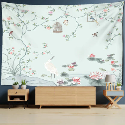 Decobites Flower Bird Chinese Painting Tapestry Wall Hanging Bohemian Style Home Decor