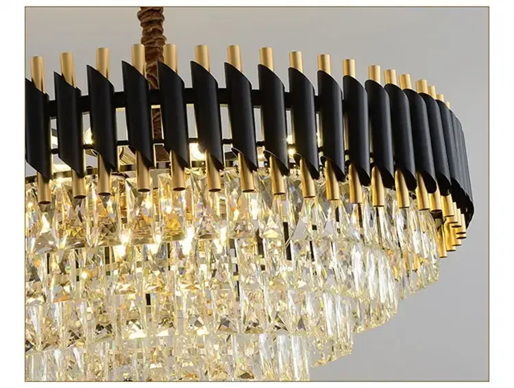 black and gold modern luxury k9 crystal tiered chandelier with cascading crystal droplets designed as a dining room light by nebra luxury crystal chandeliers